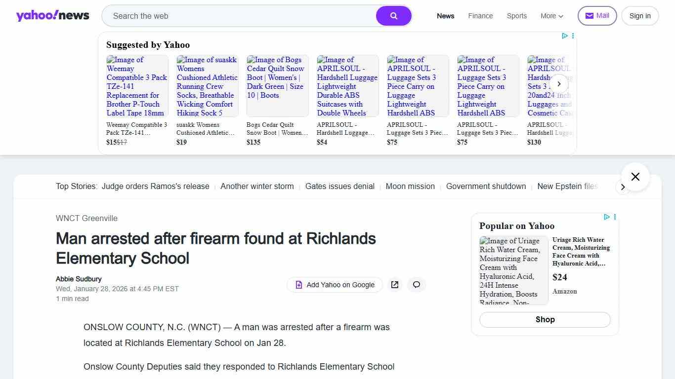 Man arrested after firearm found at Richlands Elementary School